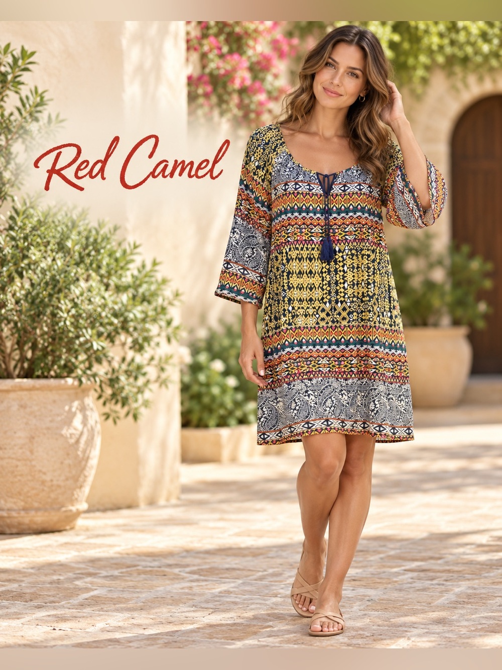 Red Camel Boho Paisley Aztec Print Mini Dress Tassel Tie Neck Size M
